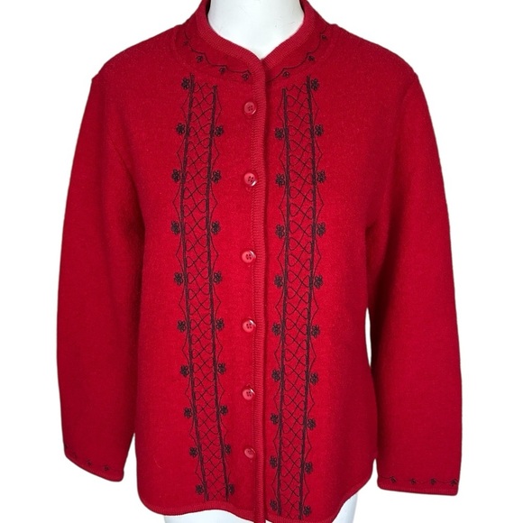 The Tog Shop Sweaters - The Tog Shop Red 100% Wool Button Front Cardigan with Black Embroidered Trim